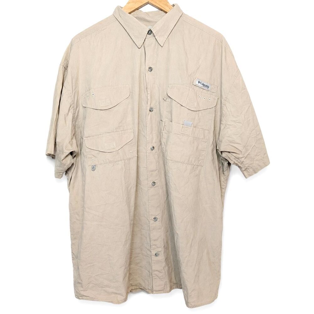 Columbia PFG Khaki Short Sleeve Button-Up Fishing Shirt XL